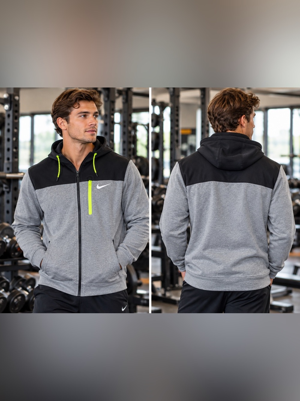 Nike Men’s XXL Full Zip Hoodie Black Gray Neon Volt Athletic Jacket